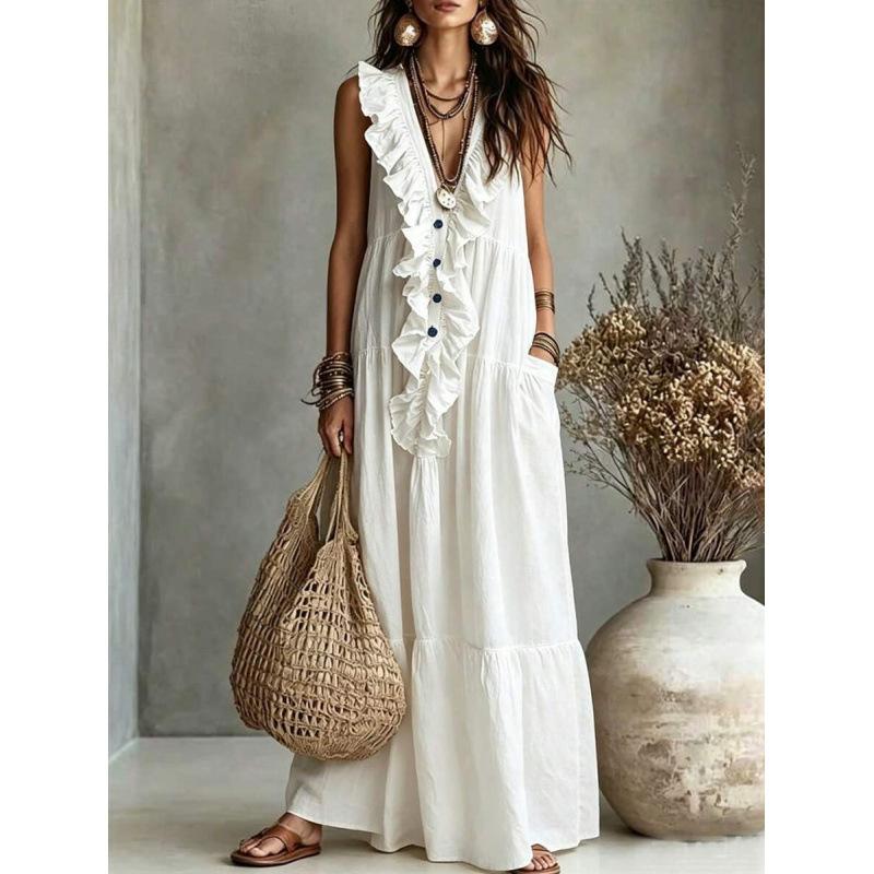 European summer new solid color dark V splicing ruffle edge pocket design sleeveless dress women S