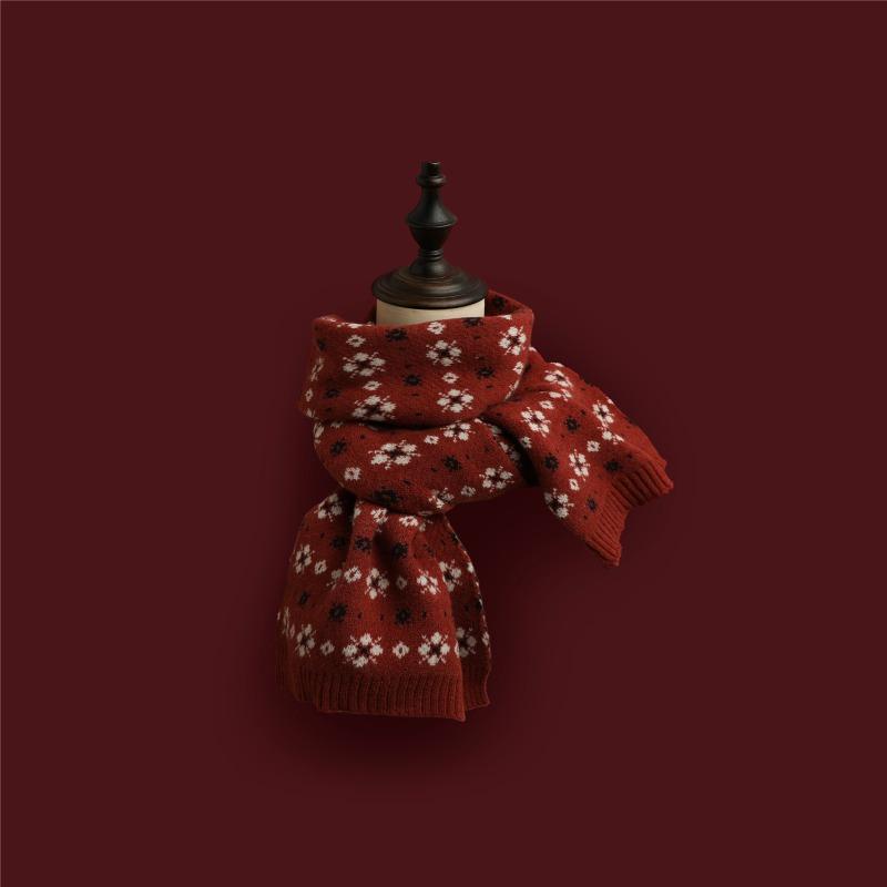 Versatile Christmas Knitted Wool Red Scarf Deer Elk Print Snowflake Warm Personality Couple Scarf Student