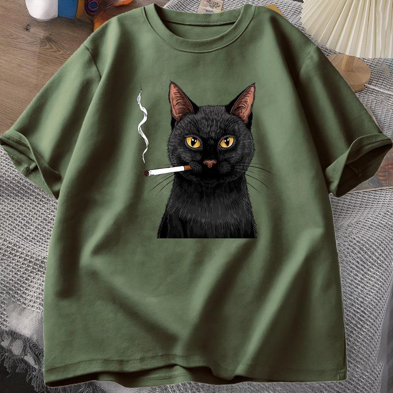 Smoking Cat TShirt Unisex Funny Y2K Vintage Trendy Streetwear Graphic T Shirt Edgy Cat Lover Tshirt Round Neck Short Sleeved Tee