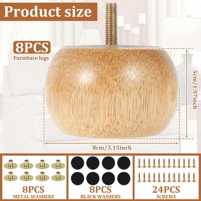 8/4pcs 2inch Wood Furniture Legs Sofa Legs Set Solid Rubber Wood Furniture Fee for Armchair,Recliner, Dresser, Sideboard