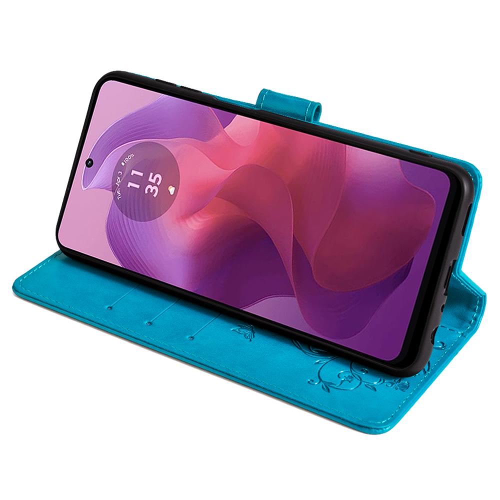 Für Motorola Moto E14 4G/G04 4G/G04s 4G/G24 4G Lederhülle Brieftasche Kartenfächer Schmetterling Blume Handyhülle mit Riemen