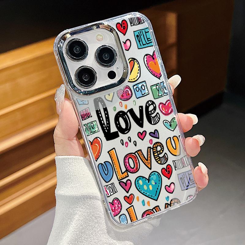 Fashion Colorful Love Hearts Print Clear Phone Case For iPhone 16 Pro Max 15 Plus 14 Pro 13 12 11 Plating Lens Protection Soft TPU Shockproof Cover