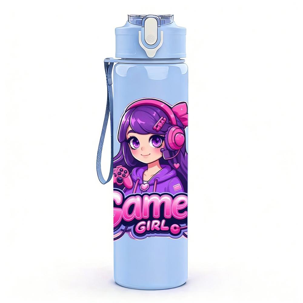 1PC Purple Hair Gamer Girl Cartoon 750ml Color Plastic Sports Water Bottle Leakproof Flip Straw Lid Suitable for Sports Office Home Use