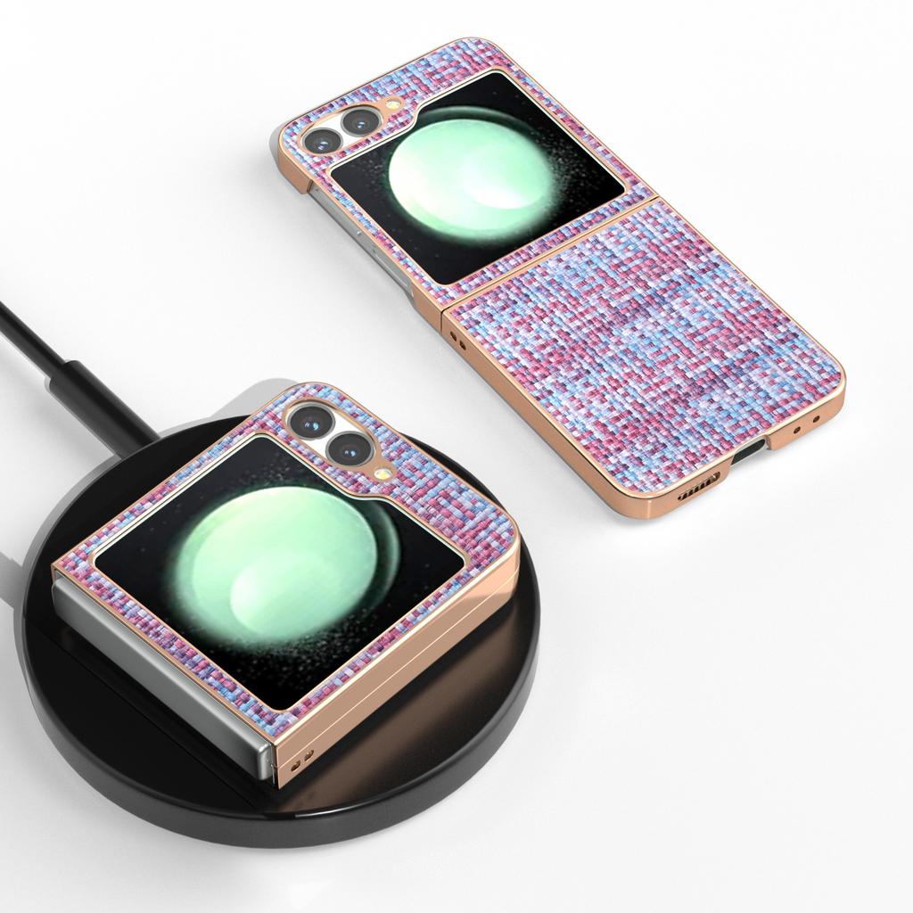 ABEEL For Samsung Galaxy Z Flip7 FE 5G/Z Flip6 5G Case Electroplating Edge Plaid Texture PU Leather+PC Phone Cover