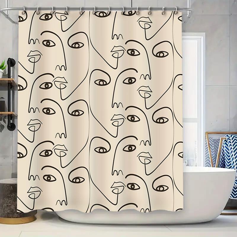

Modern Art Shower Curtain With Black Line Drawing Of Faces For Bathroom Decor White Color Polyester Fabric With Hook Rings Perfe W60H190(CM)-1 Pcs