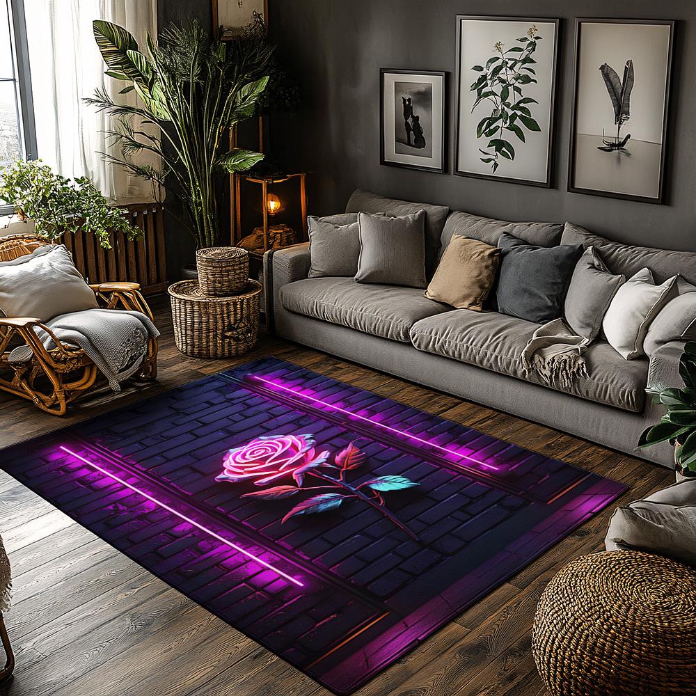 

Purple Neon Rose Glow Rug, Dark Reactive Floral Carpet for Bedroom, Artistic Floor Mat with Luminescent Decor, Unique Gift Idea 50x80cm