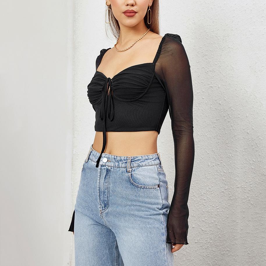 Mesh Hollow Straps Women's Vest, European and American Sexy Halter Horn Long-sleeved Short Knitted Top