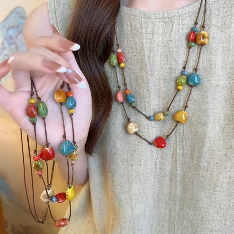 Women Multicolor Dopamine Ceramic Heart Beaded Double Layer Long Sweater Chain Necklace