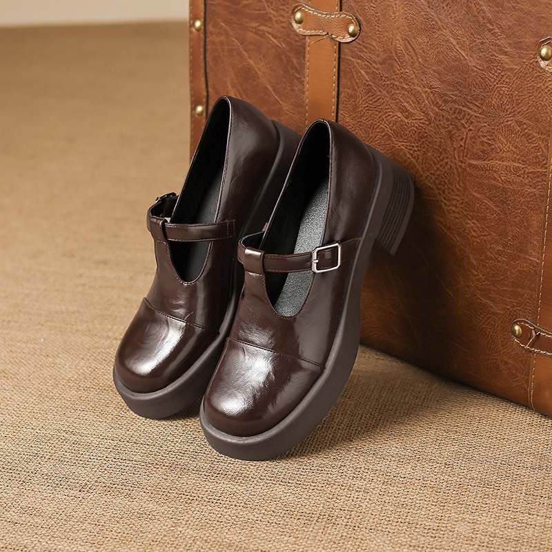 Krazing Pot Microfiber Round Toe Chunky Heels Spring Summer Shoes Big Size 43 Size 33 Women Buckle Straps Platform Pumps