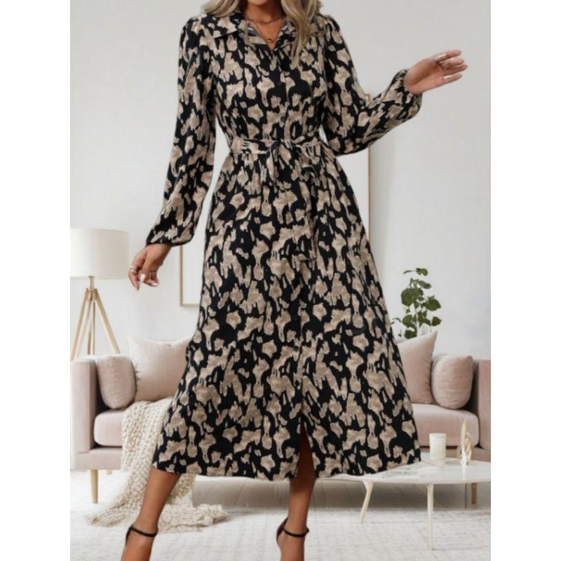 Spring & Fall New Arrival Fashion Fashion Single-Breasted Print Elegant Mid Length Long Length Cardigan Long Sleeves Shirt Dress Dress