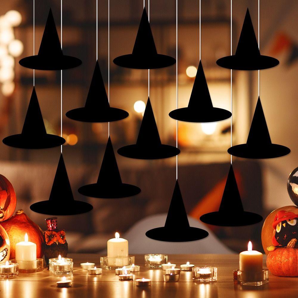 12pcs Funny Spooky Halloween Hat Hanging Pendant DIY Paper Witch Hat Decoration Black Handmade Hat Wall Decor Haunted House