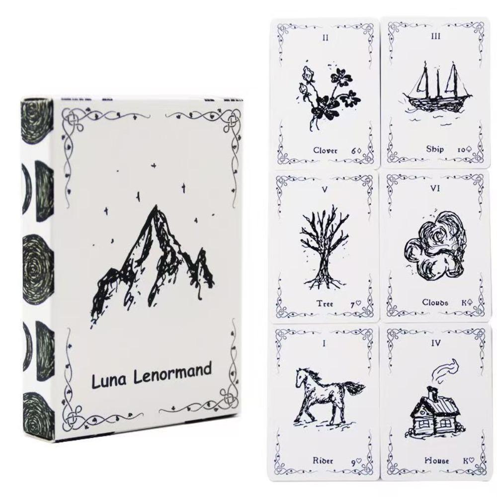9*6cm Luna Lenormand Deck - 36 Minimalist Black and White Oracle Cards Hand-Drawn Sketch Style