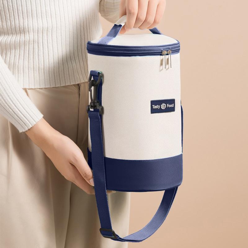 Sac de prânz portabil de mare capacitate, cutie de prânz izolată, cilindric, proaspăt, cutie rotundă din folie de aluminiu, geantă termică pentru alimente.