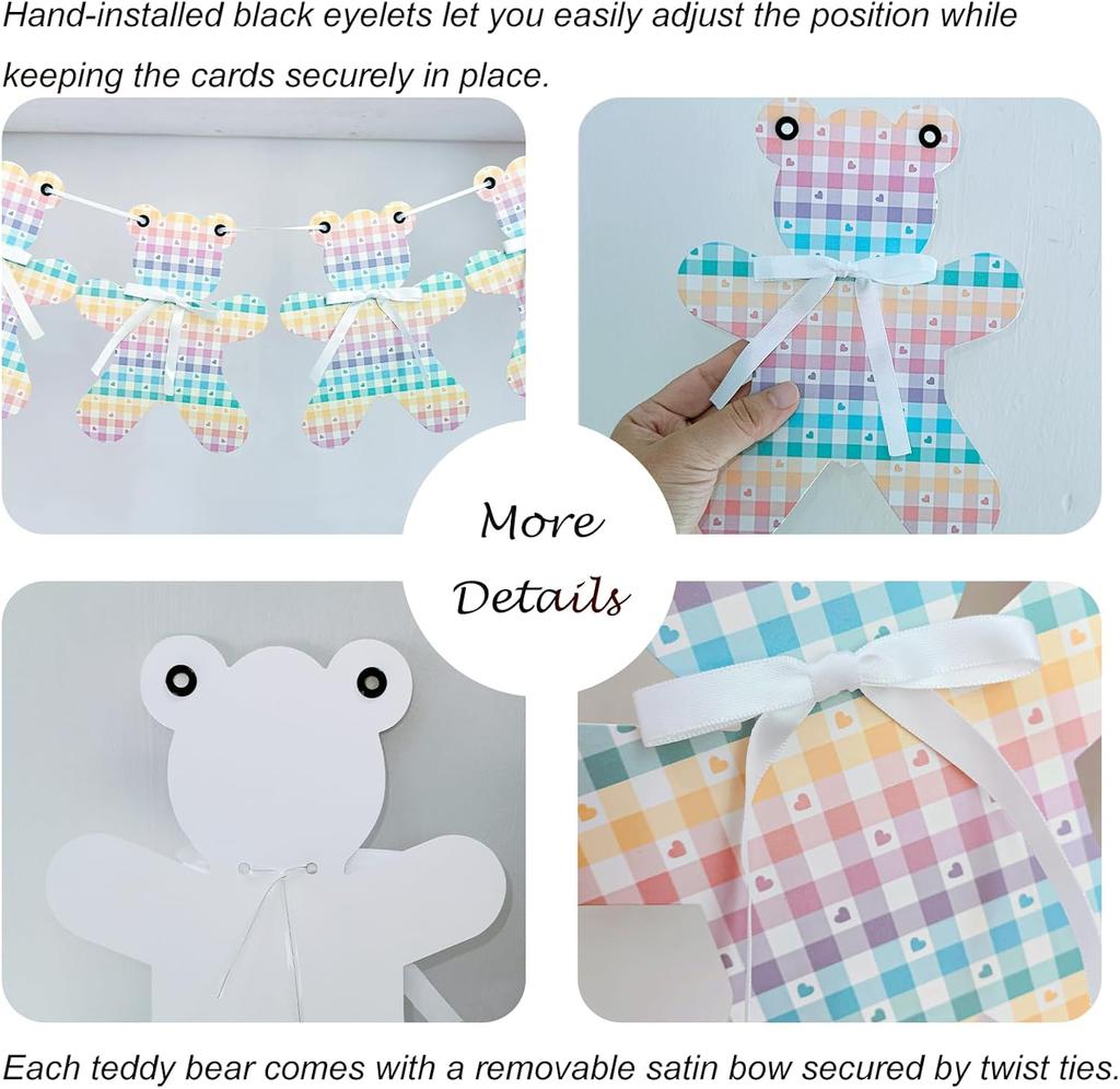 8Pcs Rainbow Gingham Bear Paper Bunting Garland, Colorful Gradient Plaid Bear Banner with Bowknot, Aesthetic Wall Decor for Picn