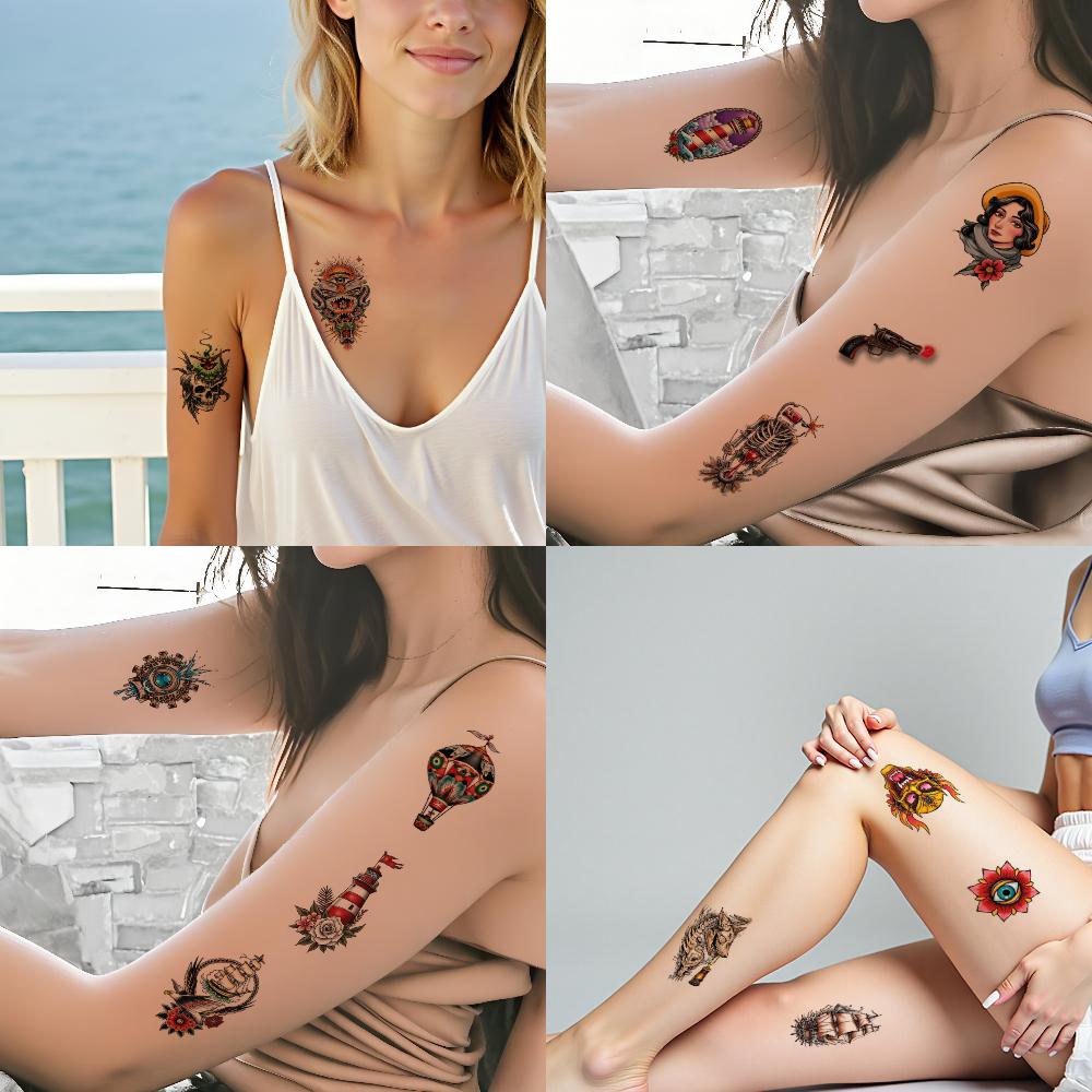 28pcs Temporary Tattoo New School Traditional Revolver With Flowers Skeleton With Flowers Pirate Skull For Adults Women Chest