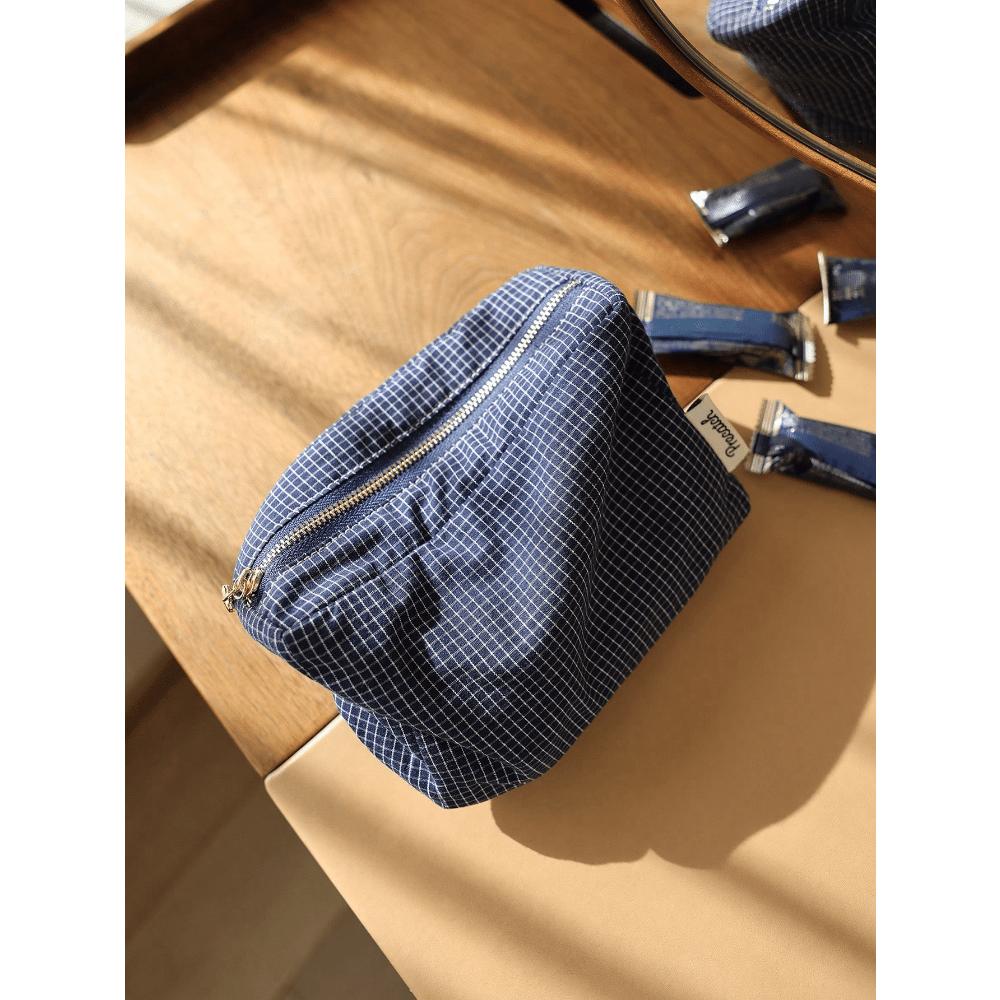 Japanese Style Plaid & Striped Fabric Multi-Functional Zipper Makeup Bag, Portable Travel Pouch School Supplies Travel Essentials Make Up Bag