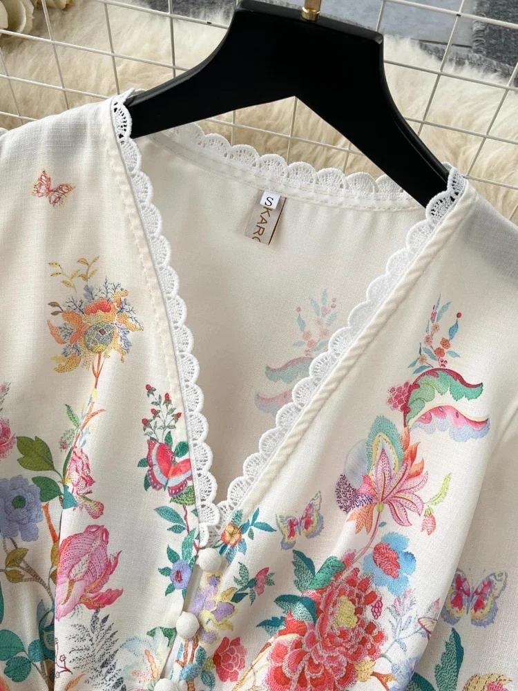 New Autumn Floral Holiday Maxi Dress Women Sexy Long Lantern Sleeve Sashes Lace Party Dress Female Elegant Trims Embroidery Robe