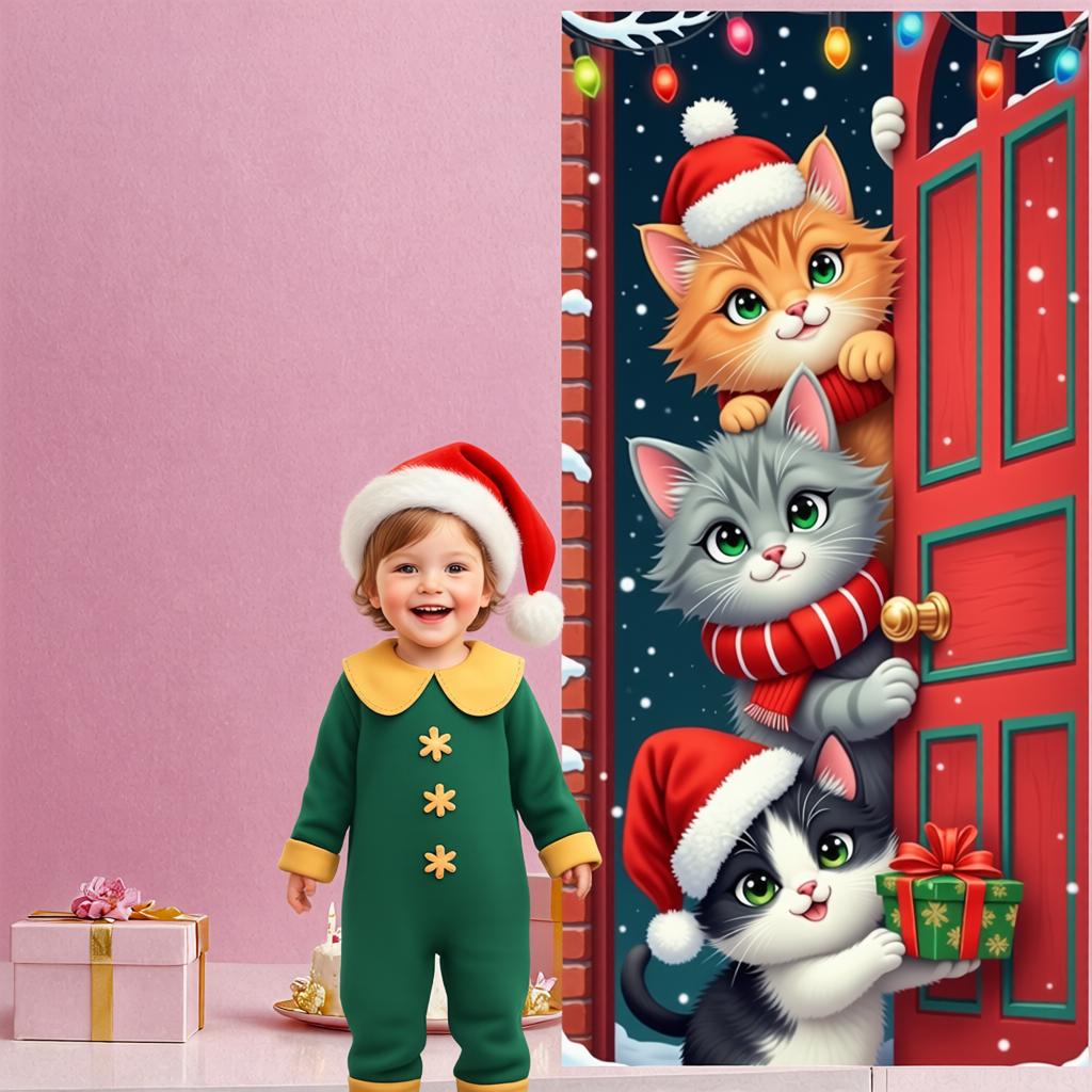 Christmas Banner Brick Wall Festive Banner Holiday Display Cute Kitten Backdrop For Christmas Eve Family Event Winter