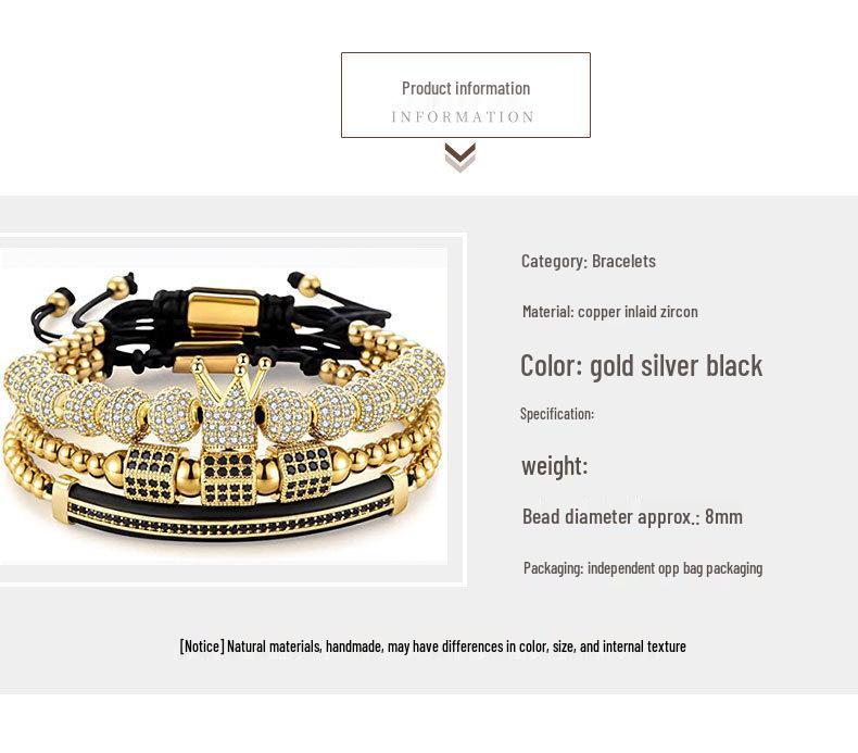 Men's Copper Zirconia Crown Ball Rhombus Double Row Crescent Bracelet Set