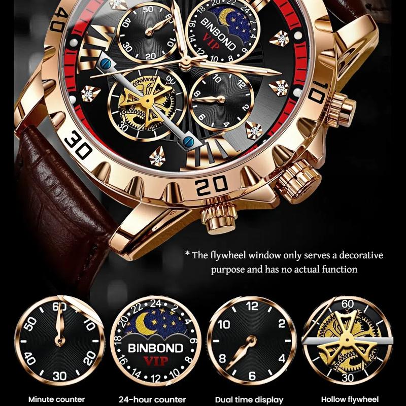 Men's Fashion Luminous Quartz Watch Three Eye Timing Moon Phase Dial Waterproof Multifunctional Fashionable Flywheel Watch