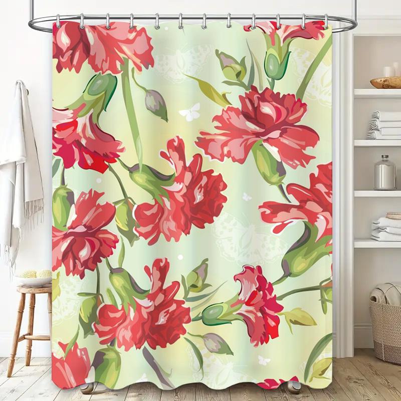 Beautiful Bath Shower Curtain Floral Design for Bathroom Decor Pink Red Flowers with Yellow Background Polyester Fabric Waterpro