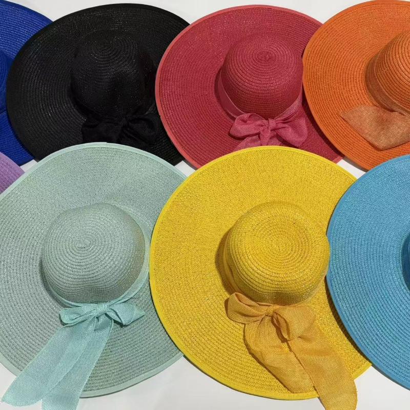 Cappello da Sole Estivo a Tesa Larga per la Spiaggia all'Aperto Moda Bordo Larga Pieghevole Cappello da Sole da Donna Colore Unito Decorazione Fiocco Cappello a Cilindro