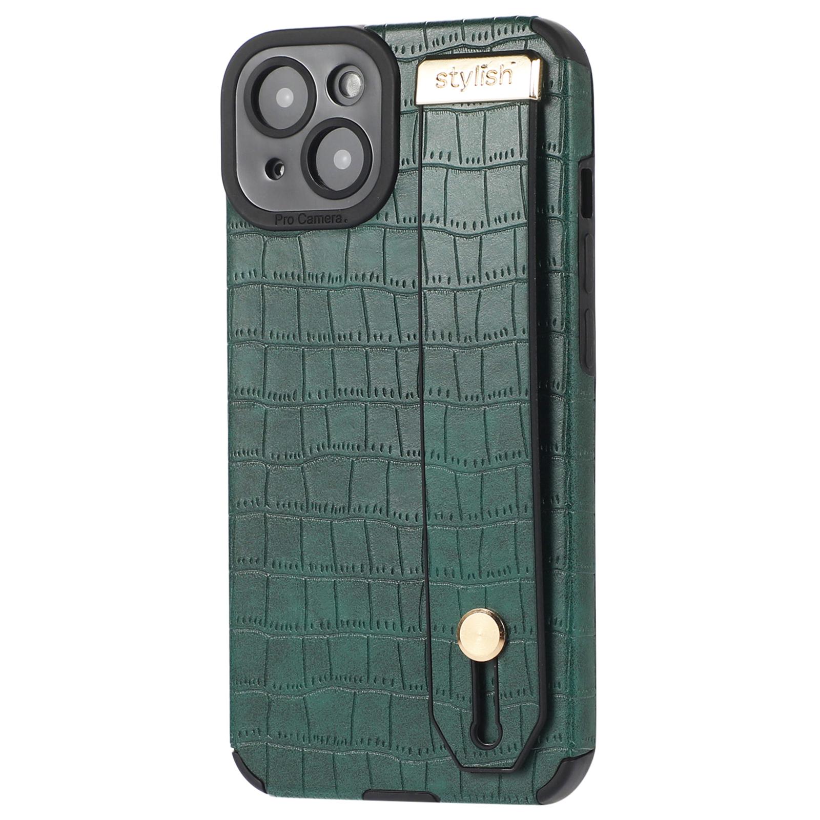 

For iPhone 14 Plus Case Crocodile Texture Leather+TPU Phone Cover with Wristband Kickstand Green