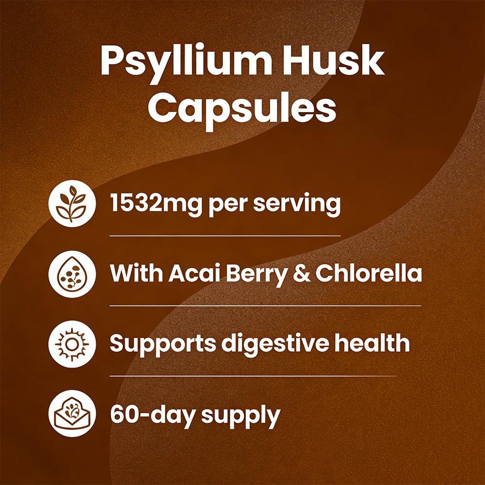 Daitea Psyllium Husk Capsules, 1532mg, with Acai Berry & Chlorella, Digestive Fiber, 120 Caps