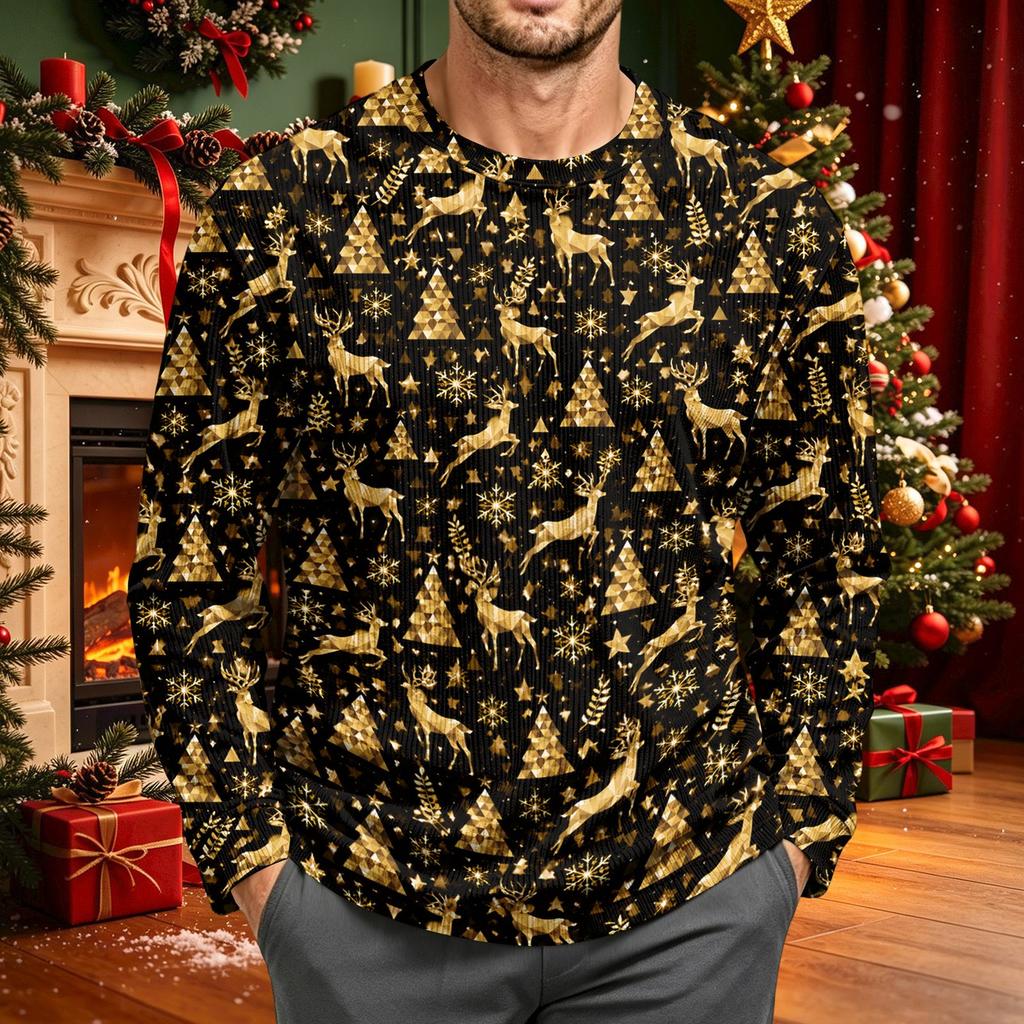 Men's Corduroy Long Sleeve Crewneck Top with Christmas Print for Holiday Casual Wear