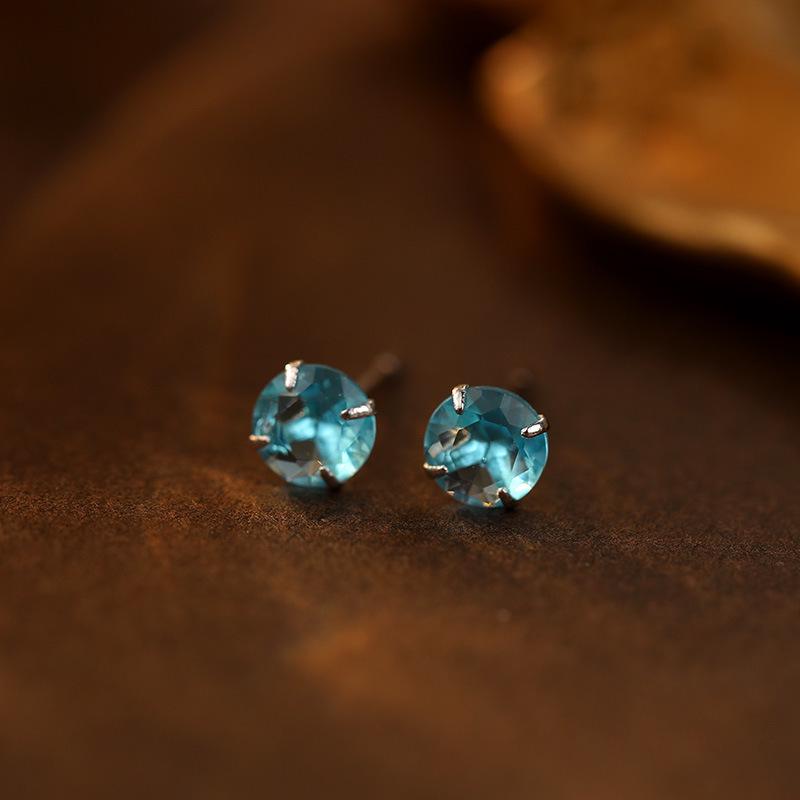 Banyan Tree S999 Silver Birthstone Earrings: Women's Four-Claw Colored Diamond Ear Studs for Everyday Wear