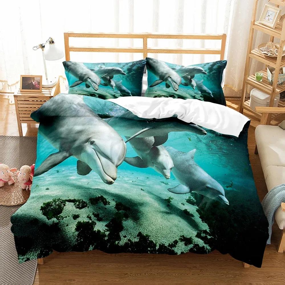 Fashion Blue Dolphin Duvet Cover Set Cute Aniaml Bed Linen Pillowcase Luxury Home Texitle Queen Full Size 3D Bedding Sets Sea