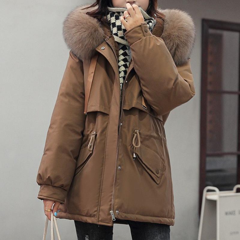 BITCED Women's Mid-Length Drawstring Cotton Coat with Fleece Lining Loose-Fit Puffer Jacket with Down-Fill Cotton Padding Winter Outerwear