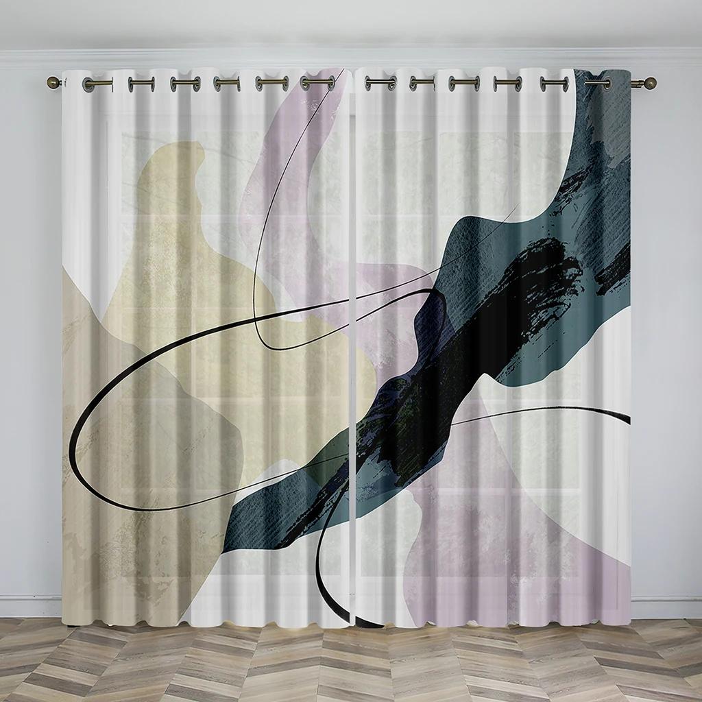 Modern Abstract Geometric Art Design Graffiti 2 Pieces Thin Shading Window Curtain for Living Room Bedroom Decor