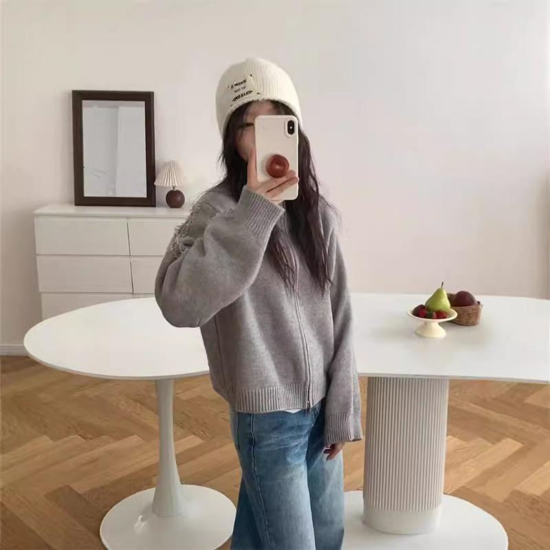 Real Shot Stand-up Collar Double Zipper Design Sense Solid Color Arm Fringe Long Sleeve Loose Lazy Wind Knitted Jacket Cardigan Women