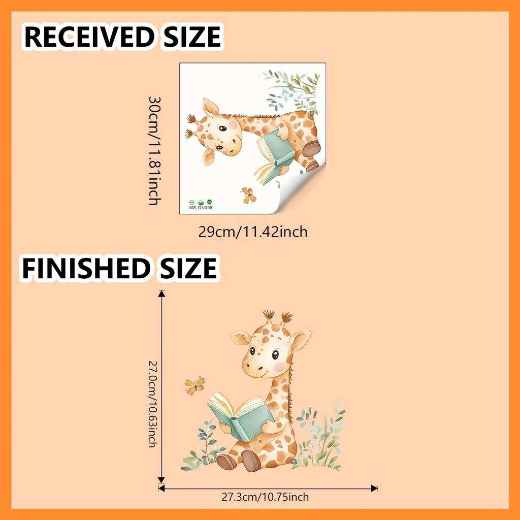 1pc Cartoon Animal Giraffe Reading Books Wall Decal Butterfly Flower Art Wall Sticker Bedroom Living Room Background Wall Decor