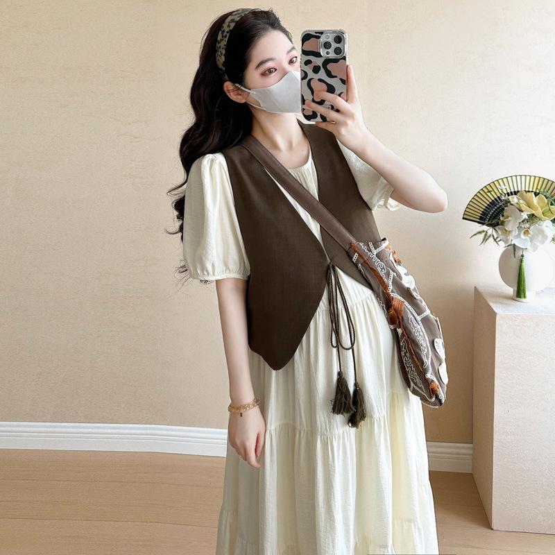 Maternity Summer 2026: Korean Retro Vest & Solid Dress Set M