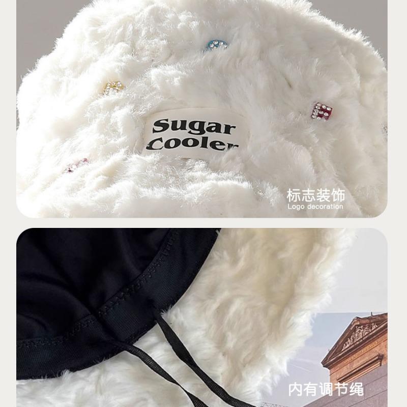 Winter New Plush Bucket Hat Women's Big Head Circumference Shows Small Face Thickened Warm Colored Diamond Alphabet Hat Advanced Sense