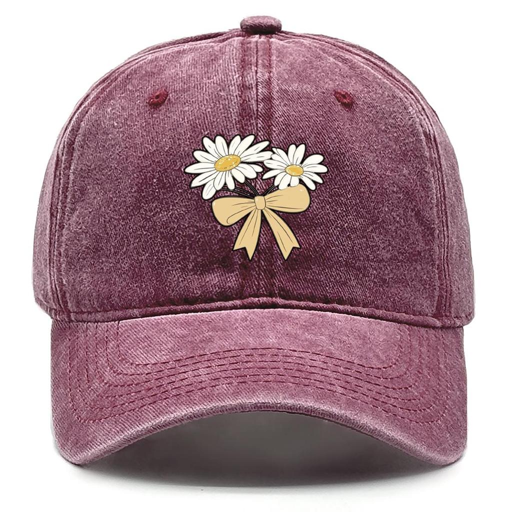 Daisy Bowknot Print Snapback Baseball Hat, Flower Trucker Hat Sun Protective Solid Vintage Casual Adjustable Baseball Cap