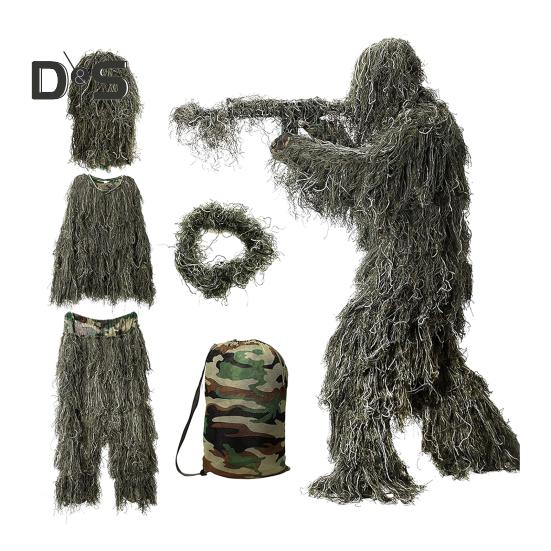 

5 шт./комплект. Костюм Ghillie з курткою, штанами, капюшоном, гірляндою, сумка для перенесення, 3D-камуфляж, мисливський одяг, молодіжний, дорослий лісовий одяг S зелений