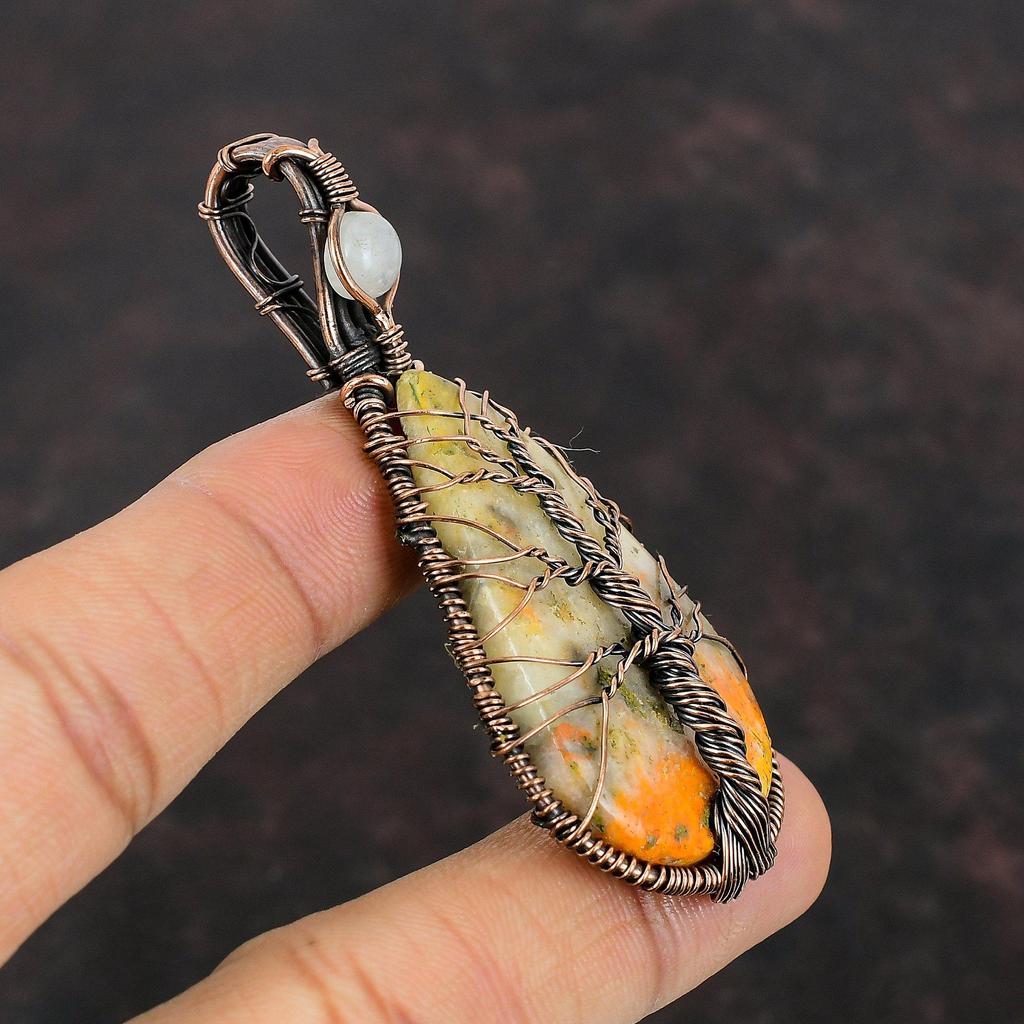 Tree Of Life Bumble Bee Jasper Pendant Copper Wire Wrapped Pendant Rainbow Moonstone Pendant Handmade Gemstone Pendant Unique Copper Jewelry