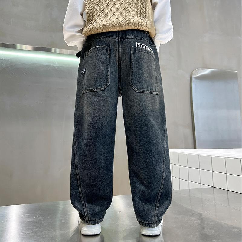 Boys Denim Pants Solid Elastic Wiast Trousers Children Jeans Loose Wide-leg Pants Teenager Casual Straight Trousers 5-14Y