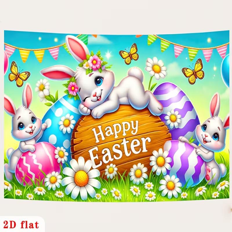 2D Easter Bunny & Colorful Eggs Backdrop Spring Holiday Party Decoration