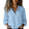 Camicia da Donna Autunnale in Cotone e Lino Traspirante a Manica Lunga, Colore Unito, Bottoni, Scollo a V, Base Versatile, Casual, Comoda, Top da Ufficio