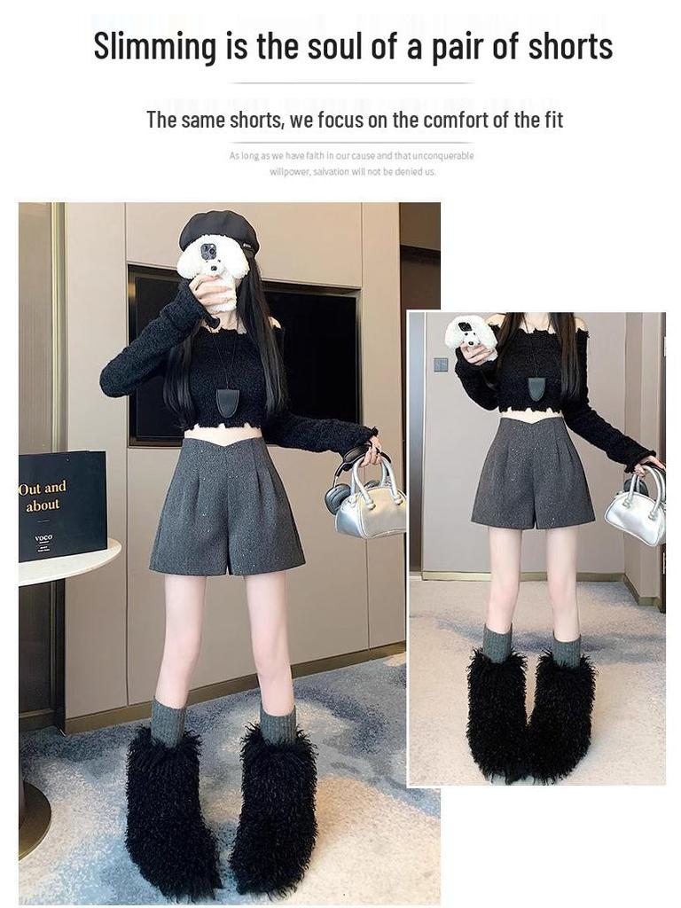 Women's Glitter Tweed High-Waisted Wide-Leg Shorts - Autumn/Winter 2025 Fashion