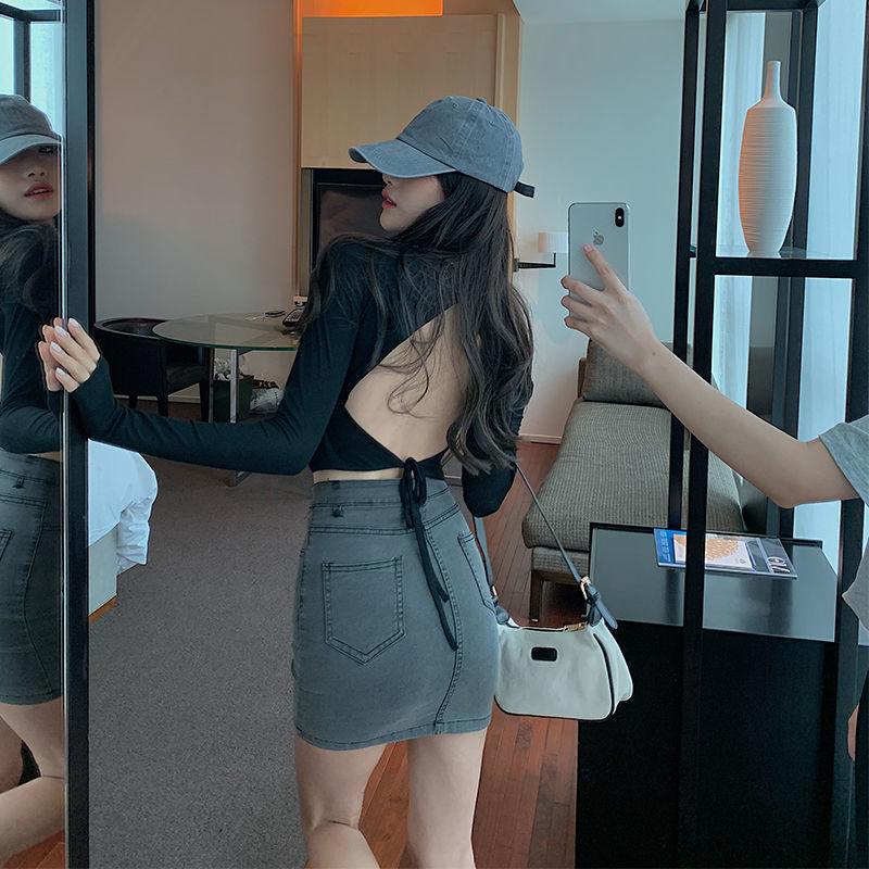 Sexy backless tie-up light ripe style top Hong Kong flavor ins solid color tight navel short navel long-sleeved T-shirt women
