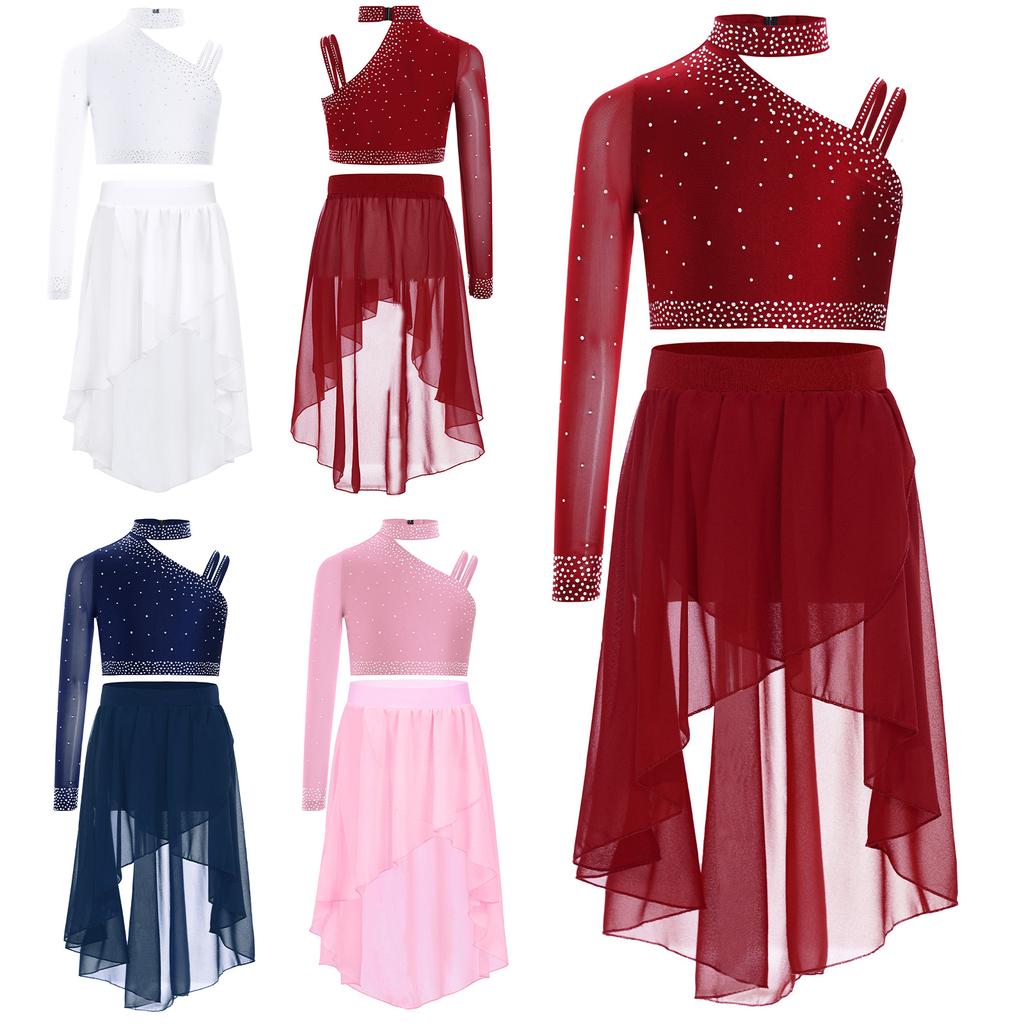 Girls Rhinestone Dance Top with Chiffon Skirt Elastic Waistband High Low Hem Performance Set
