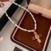 Light Luxury Colorful Zircon Cross Pendant Necklace for Women Girls Fashion Imitation Pearl Bead Necklace Y2K Romantic Jewelry