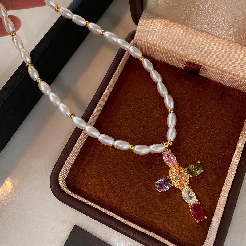 Light Luxury Colorful Zircon Cross Pendant Necklace for Women Girls Fashion Imitation Pearl Bead Necklace Y2K Romantic Jewelry
