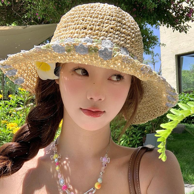 Women'S Wide Brim Lace Straw Hat Beach Hollow-Out Sun Cap For Seaside Vacation