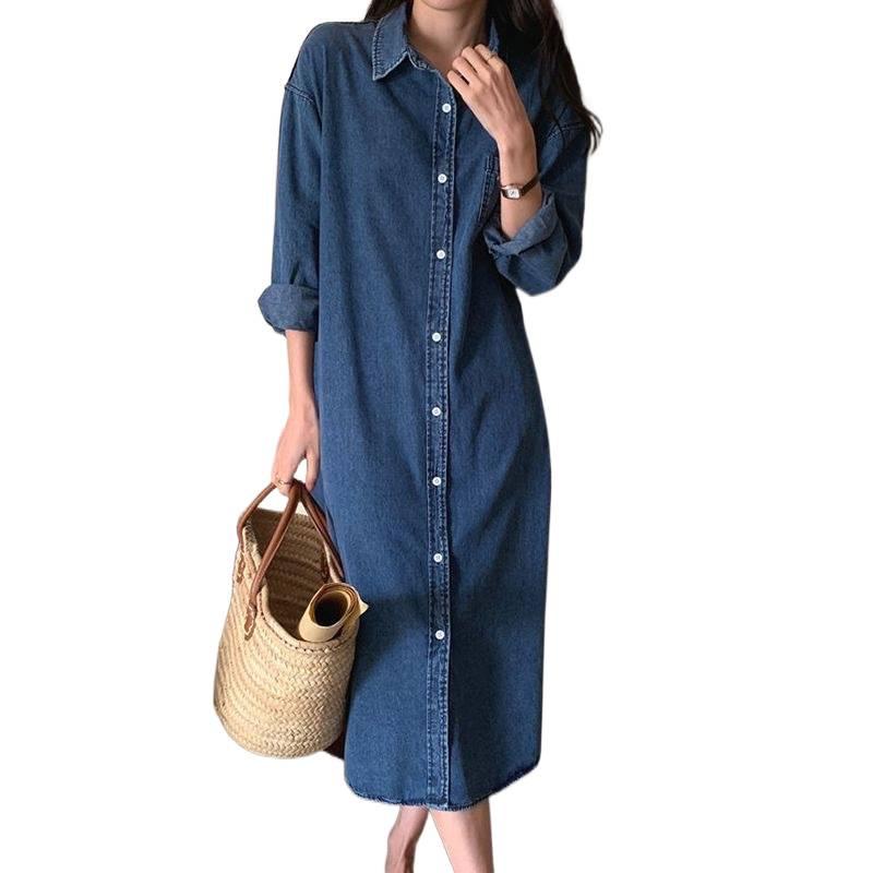 Korean Autumn Denim Long Sleeve Lapel Shirt Dress for Women